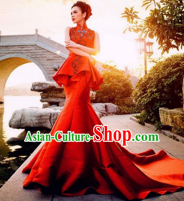 Chinese Traditional Costumes Elegant Red Full Dress Wedding Trailing Qipao Dress for Women