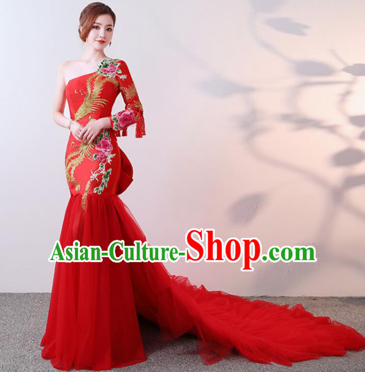 Chinese Traditional Costumes Elegant Embroidered Peony Full Dress Wedding Qipao Dress for Women