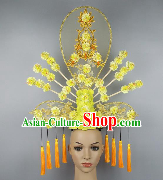 Asian Chinese Traditional Hair Accessories Stage Performance Exaggerated Yellow Flowers Headdress for Women