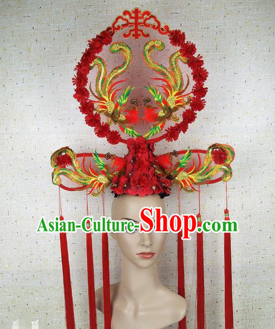 Asian Chinese Traditional Palace Phoenix Hair Accessories Stage Performance Catwalks Exaggerated Headdress for Women