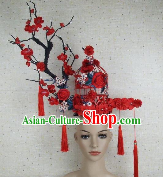 Asian Chinese Traditional Palace Hair Accessories Catwalks Red Flowers Exaggerated Headdress for Women