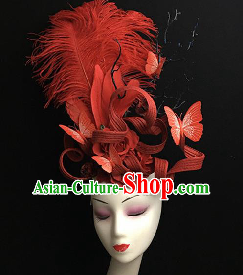 Top Halloween Catwalks Hair Accessories Brazilian Carnival Red Feather Butterfly Headdress for Women