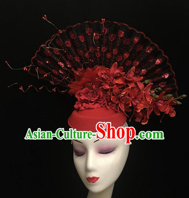 Top Halloween Hair Accessories Chinese Traditional Catwalks Red Flowers Top Hat Headdress for Women