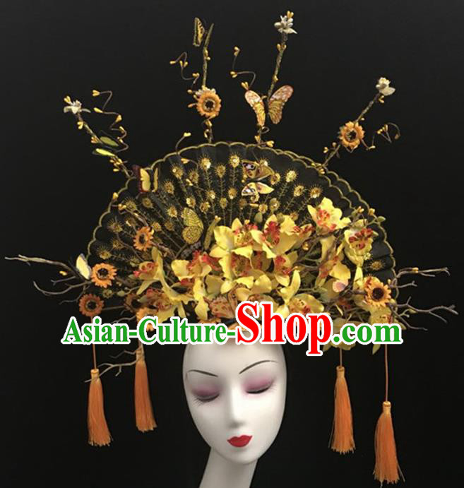 Top Halloween Hair Accessories Chinese Traditional Catwalks Yellow Flowers Fan Headdress for Women