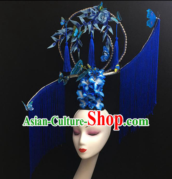 Top Halloween Royalblue Tassel Hair Accessories Chinese Traditional Catwalks Giant Headpiece for Women
