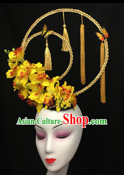Top Halloween Yellow Flowers Tassel Hair Accessories Chinese Traditional Catwalks Giant Headpiece for Women