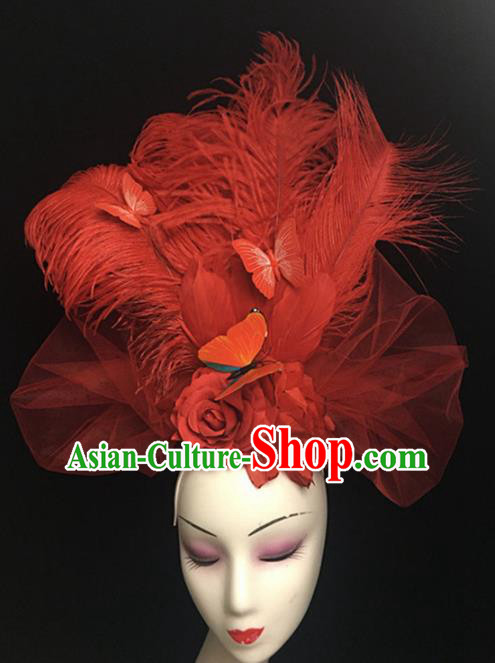 Top Halloween Catwalks Hair Accessories Stage Show Red Feather Headdress for Women