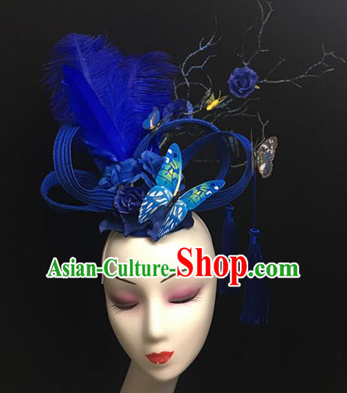 Top Halloween Catwalks Hair Accessories Stage Show Blue Feather Butterfly Headdress for Women