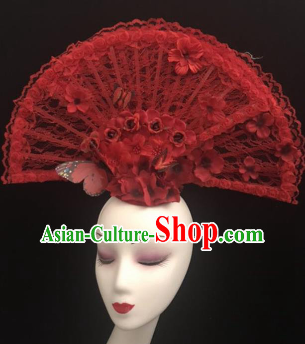 Top Halloween Hair Accessories Chinese Traditional Catwalks Red Lace Fan Headdress for Women