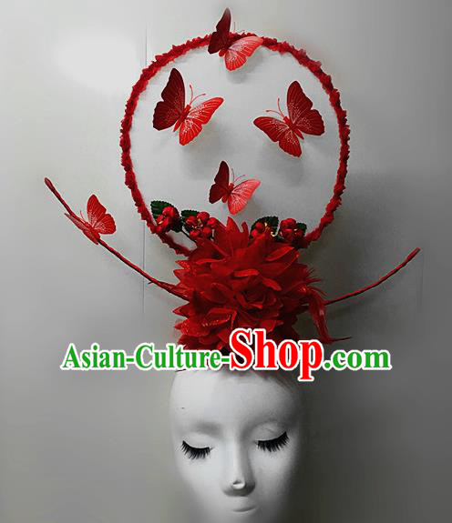 Top Halloween Red Feather Giant Hair Accessories Stage Show Chinese Traditional Palace Catwalks Headpiece for Women