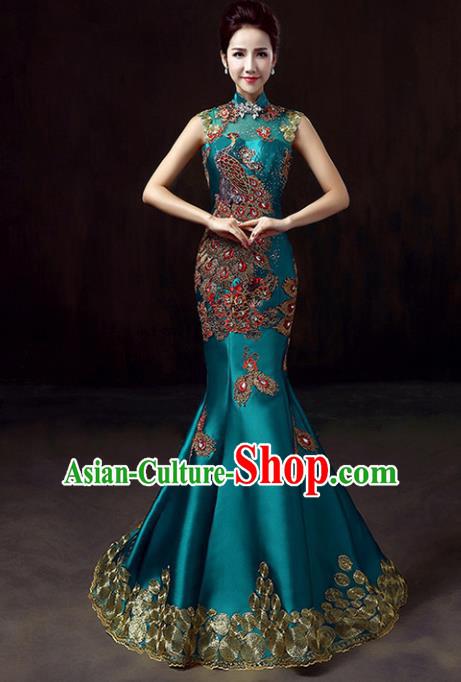 Chinese Traditional Green Cheongsam Mermaid Qipao Dress Elegant Compere Full Dress for Women