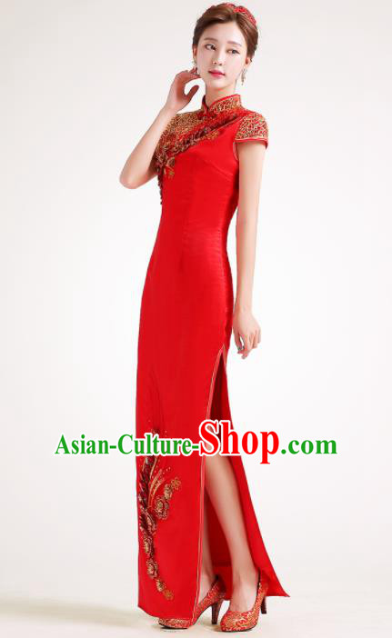Chinese Traditional Red Cheongsam Elegant Qipao Dress Compere Full Dress for Women