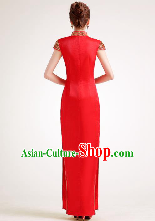 Chinese Traditional Red Cheongsam Elegant Qipao Dress Compere Full Dress for Women