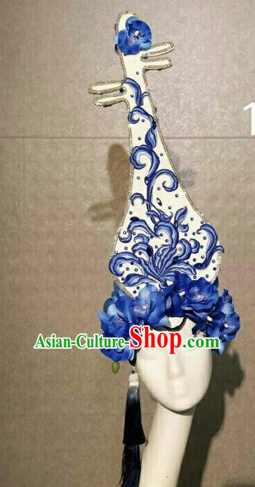 Asian Chinese Traditional Hair Accessories Catwalks Blue Flowers Lute Headdress for Women