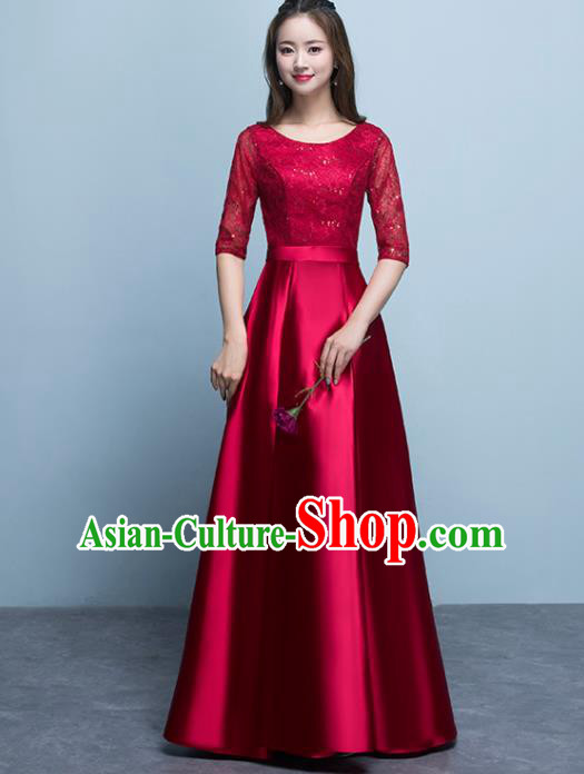 Top Grade Stage Performance Compere Wine Red Formal Dress Chorus Elegant Lace Full Dress for Women