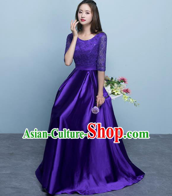 Top Grade Stage Performance Compere Purple Formal Dress Chorus Elegant Lace Full Dress for Women