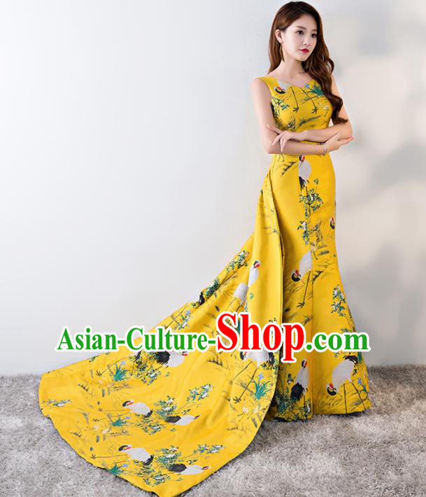 Chinese Traditional Printing Crane Yellow Qipao Dress Elegant Compere Full Dress for Women