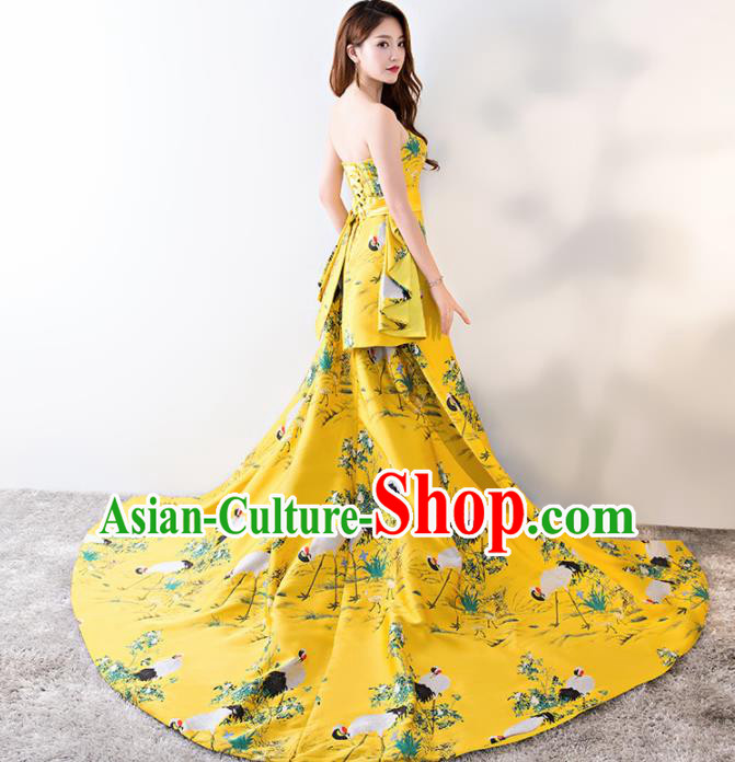 Chinese Traditional Yellow Strapless Qipao Dress Elegant Compere Full Dress for Women