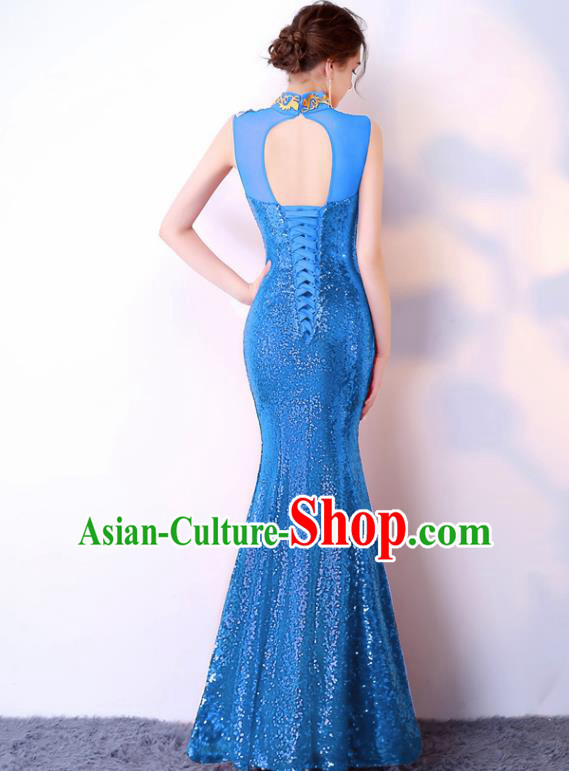 Chinese Traditional Blue Cheongsam Elegant Embroidered Qipao Dress Compere Full Dress for Women