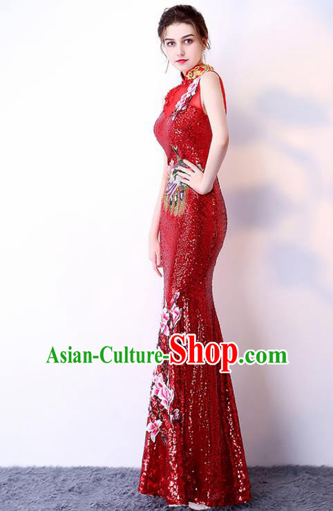 Chinese Traditional Red Cheongsam Elegant Embroidered Qipao Dress Compere Full Dress for Women