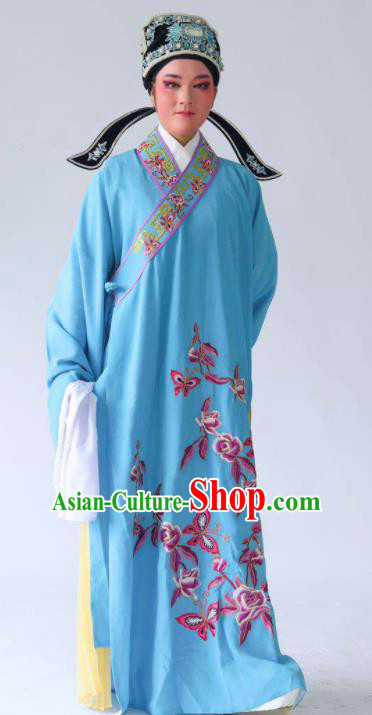 Chinese Traditional Beijing Opera Embroidered Peony Butterfly Blue Robe Ancient Scholar Costume for Men