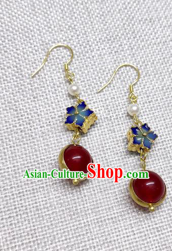 Chinese Traditional Hanfu Red Bead Cloisonne Earrings Ancient Princess Ear Accessories for Women