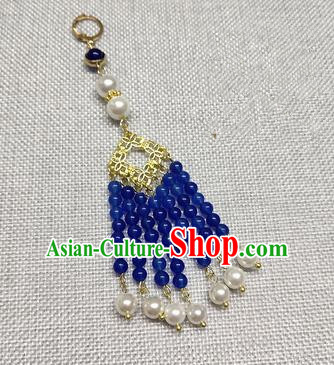 Chinese Traditional Hanfu Royal Blue Beads Tassel Brooch Accessories Ancient Qing Dynasty Queen Breastpin Pendant for Women