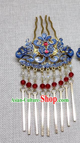 Chinese Ancient Princess Tassel Blue Hair Comb Traditional Hair Accessories Hanfu Hairpins for Women