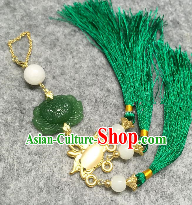 Chinese Traditional Hanfu Brooch Accessories Tassel Green Lotus Pendant Ancient Qing Dynasty Queen Breastpin for Women