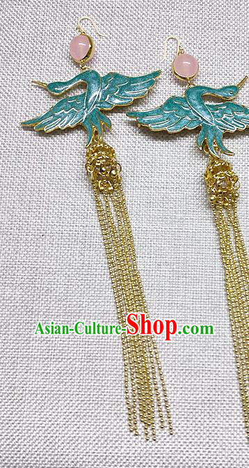 Chinese Traditional Hanfu Blue Crane Tassel Earrings Ancient Princess Ear Accessories for Women