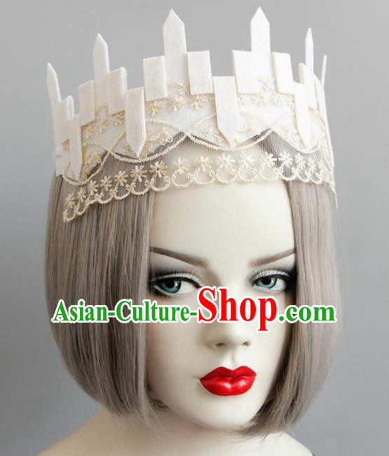 Top Grade Gothic Witch White Hair Clasp Royal Crown Halloween Cosplay Fancy Ball Handmade Hair Accessories for Women
