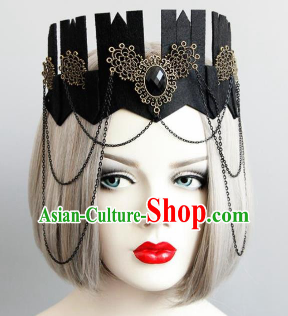 Top Grade Gothic Queen Black Royal Crown Halloween Cosplay Fancy Ball Handmade Hair Accessories for Women