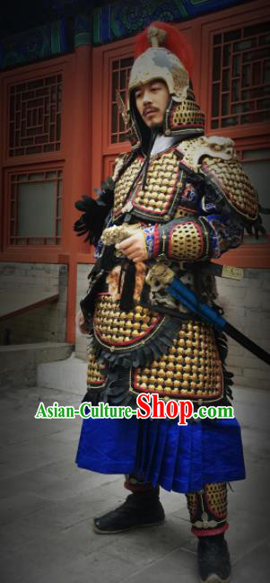 Asian Chinese Traditional Song Dynasty General Body Armor and Helmet Ancient Military Officer Costumes for Men