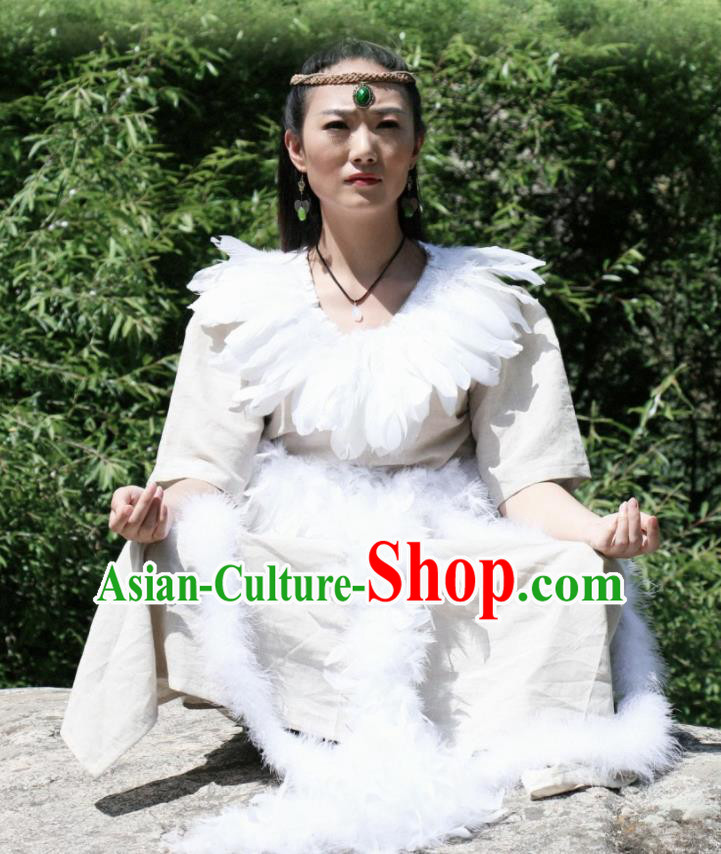 Chinese Ancient Mythology Mother Goddess Nvwa White Dress Empress Wa Costumes Complete Set
