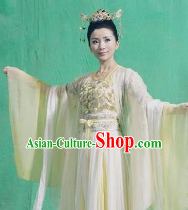 Chinese Ancient Mythology Mother Goddess Nvwa Yellow Dress Empress Wa Costumes Complete Set
