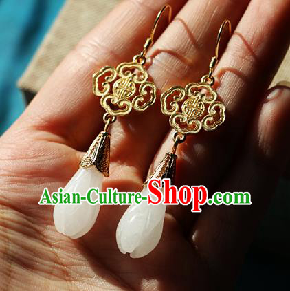 Chinese Traditional Hanfu Jade Magnolia Ear Accessories Ancient Qing Dynasty Princess Earrings for Women