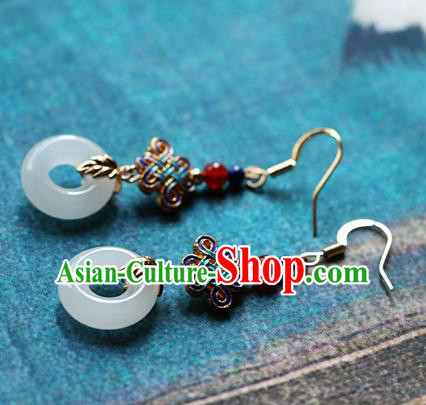 Chinese Traditional Hanfu White Jade Ring Ear Accessories Ancient Qing Dynasty Princess Earrings for Women