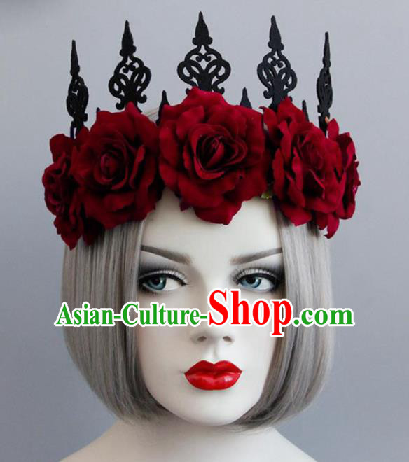 Handmade Halloween Cosplay Red Roses Headwear Fancy Ball Stage Show Royal Crown for Women