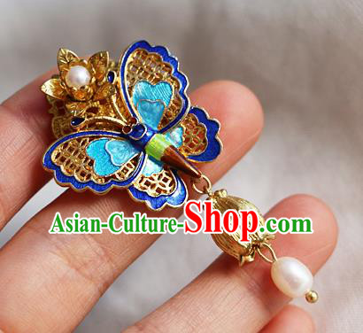 Chinese Qing Dynasty Cloisonne Butterfly Pearl Brooch Pendant Traditional Hanfu Ancient Imperial Consort Accessories for Women