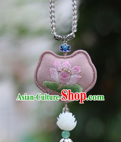Chinese Qing Dynasty Embroidered Lotus Pink Brooch Pendant Traditional Hanfu Ancient Imperial Consort Accessories for Women