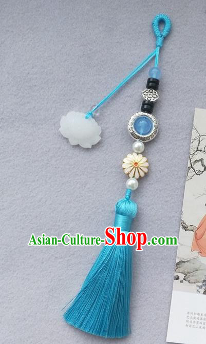 Chinese Traditional Hanfu Blue Tassel Lotus Brooch Pendant Ancient Cheongsam Breastpin Accessories for Women