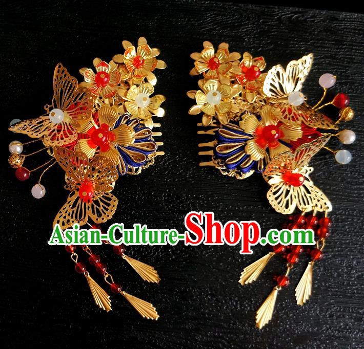 Chinese Ancient Ming Dynasty Princess Golden Butterfly Tassel Hair Combs Hairpins Traditional Hanfu Court Hair Accessories for Women