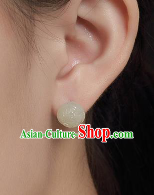 Chinese Traditional Hanfu Court White Jade Lotus Ear Accessories Ancient Qing Dynasty Princess Earrings for Women