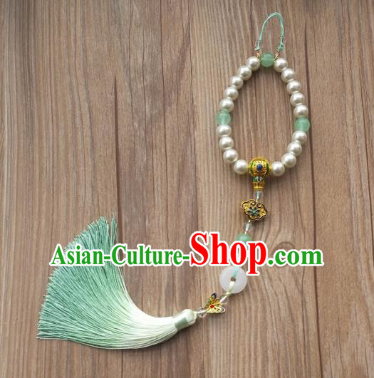 Chinese Traditional Hanfu Green Tassel Pearls Brooch Pendant Ancient Cheongsam Breastpin Accessories for Women