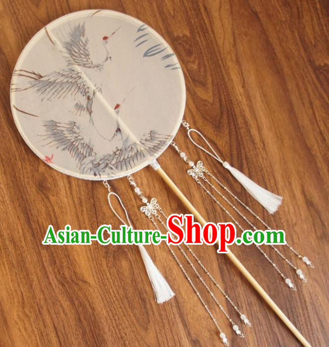 Chinese Traditional Hanfu White Tassel Palace Fans Ancient Princess Silk Round Fan for Women
