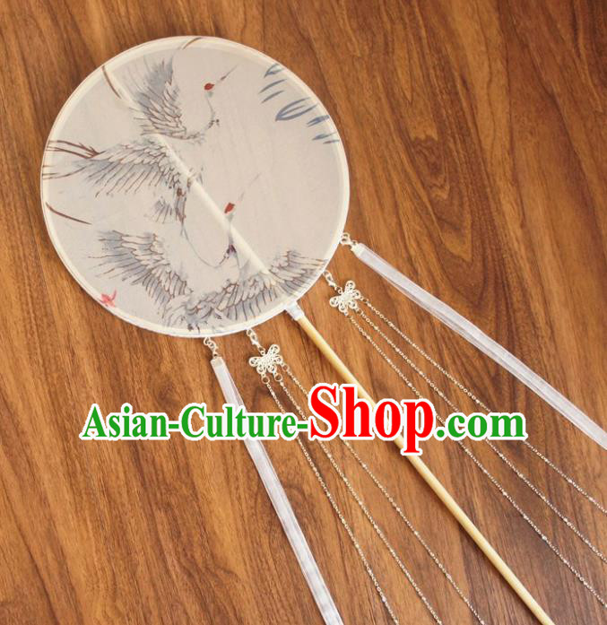 Chinese Traditional Hanfu White Ribbon Palace Fans Ancient Princess Silk Round Fan for Women