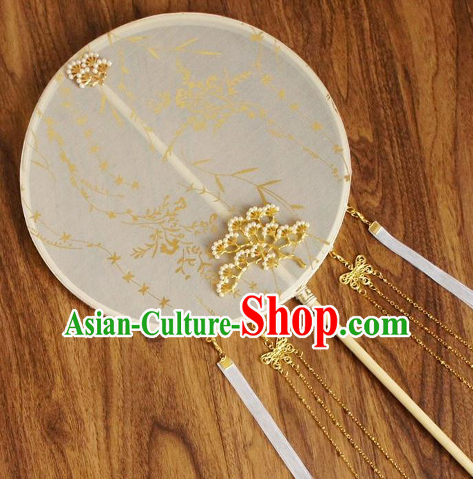Chinese Traditional Hanfu White Silk Palace Fans Ancient Princess Pine Round Fan for Women