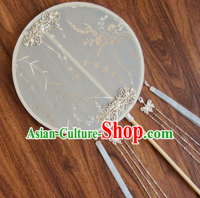 Chinese Traditional Hanfu Printing Palace Fans Ancient Princess White Silk Round Fan for Women