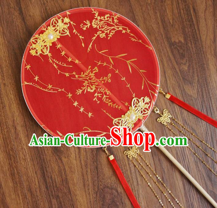 Chinese Traditional Hanfu Wedding Red Printing Palace Fans Ancient Princess Silk Round Fan for Women