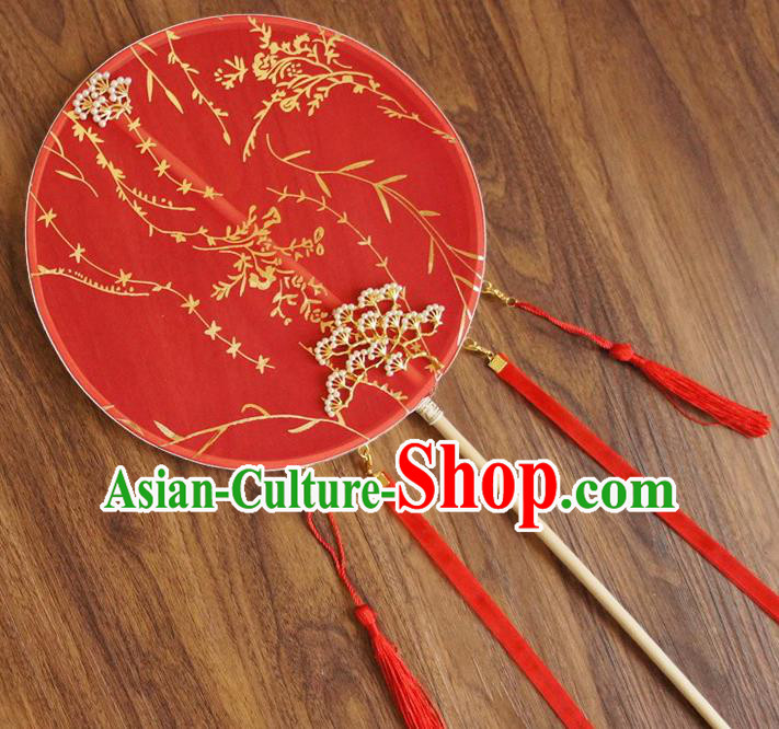 Chinese Traditional Hanfu Wedding Red Pine Palace Fans Ancient Princess Silk Round Fan for Women